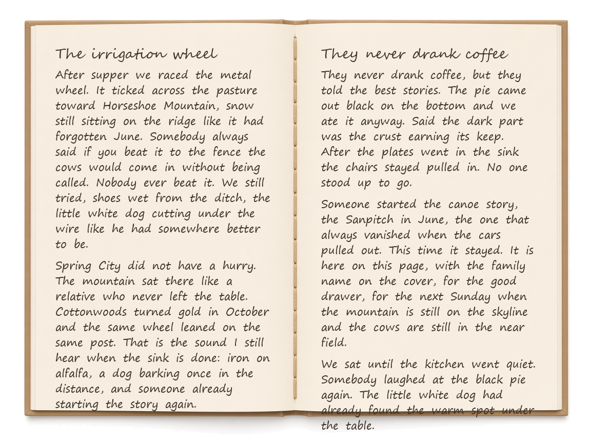 The booklet open to two cream pages of Spring City stories: The irrigation wheel, and They never drank coffee.